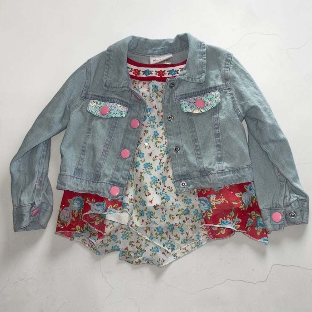 Little Lass Baby Girls Floral Tank Top and Sequined Denim Jacket Set